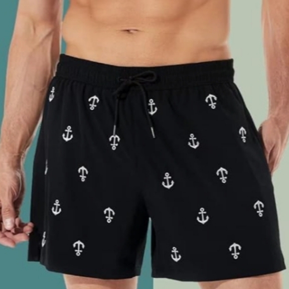 BRISIRA Compression Liner 5 Inch Inseam Swim Trunks in Black w Anchors Size M - Picture 4 of 10